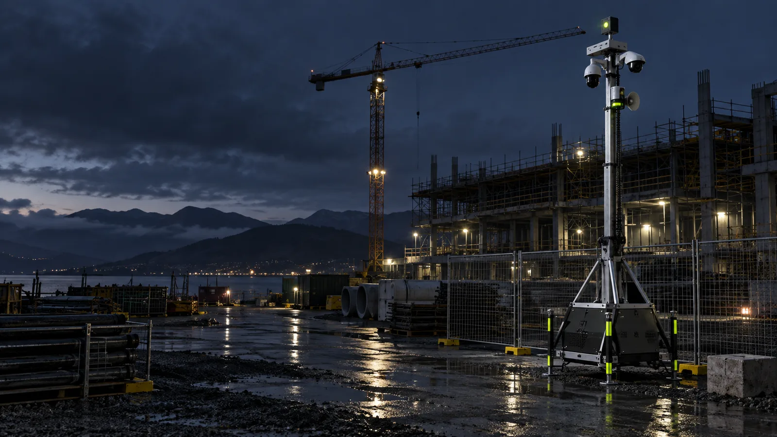 Rapid-deployment security tower protecting a construction site after hours